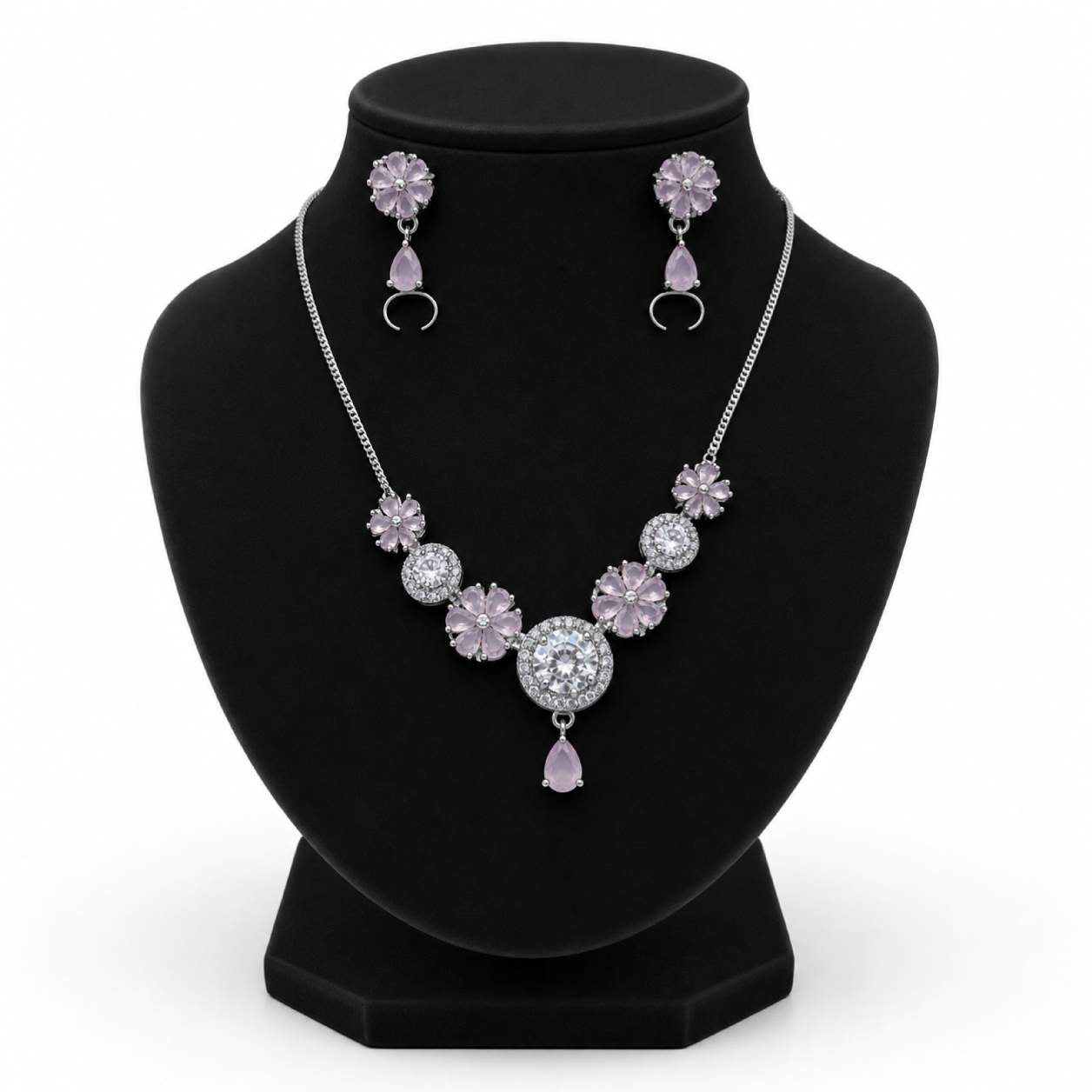 Amethyst Purple Gold Floral CZ Solitaire Necklace and Earring Set - purple gemstone flower petals with yellow gold chain