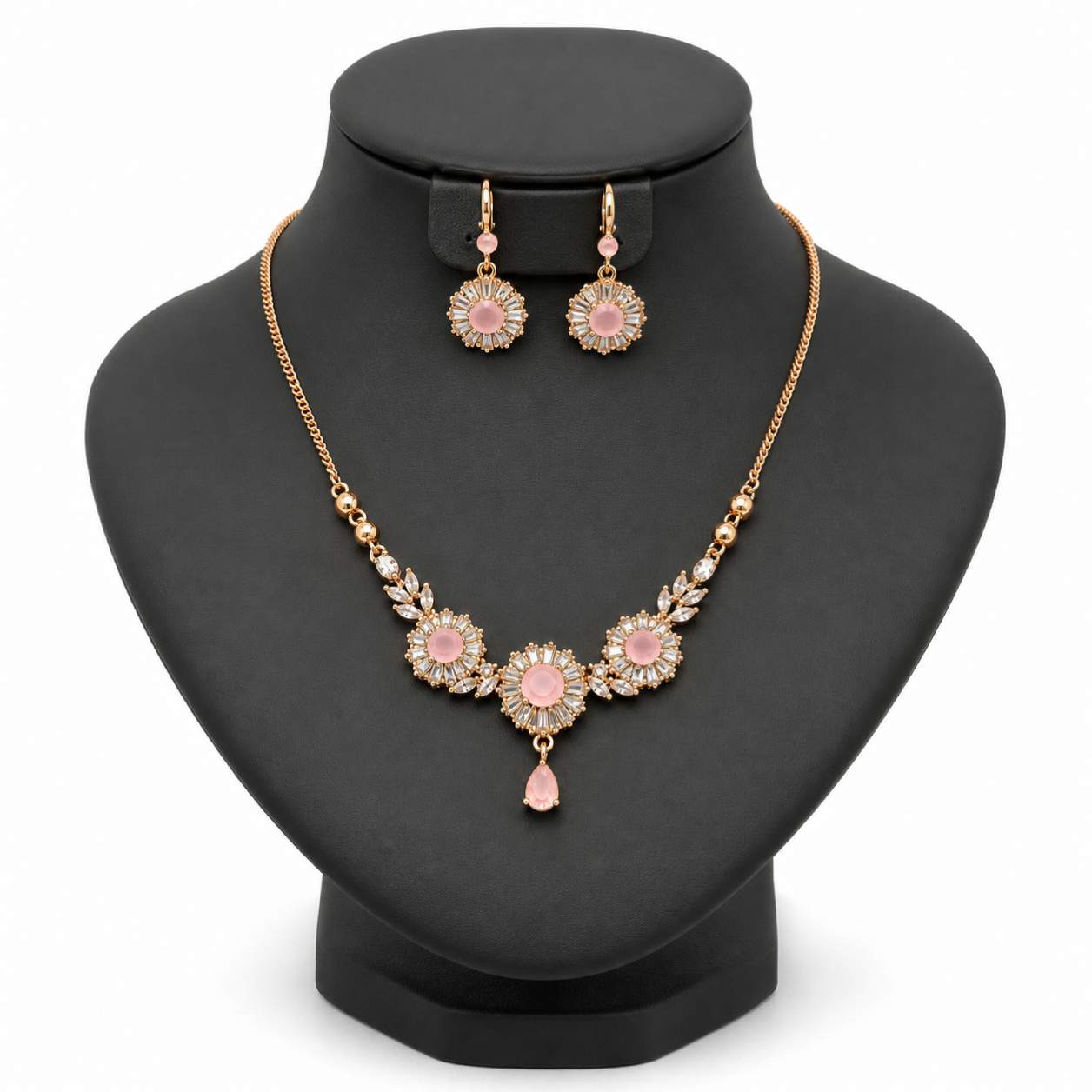 Jet Black Gold Sunflower Baguette Zirconia Necklace and Earring Set - black centre stone with gold-tone chain