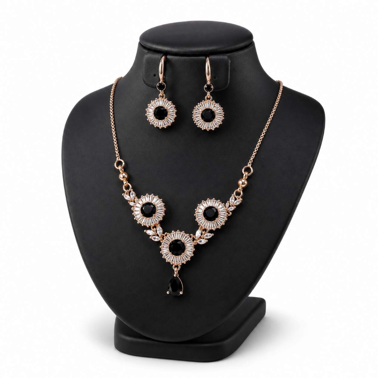 Sunflower Baguette Zirconia Necklace and Earring Set - additional color variant on black velvet bust