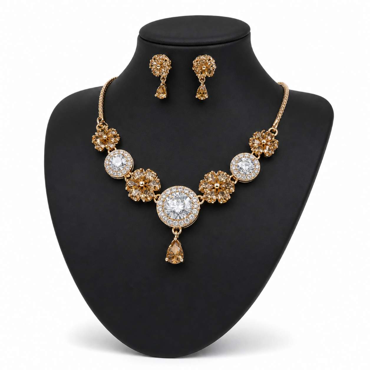Royal Blue Gold Floral CZ Solitaire Necklace and Earring Set - sapphire blue gemstone flower petals with yellow gold chain