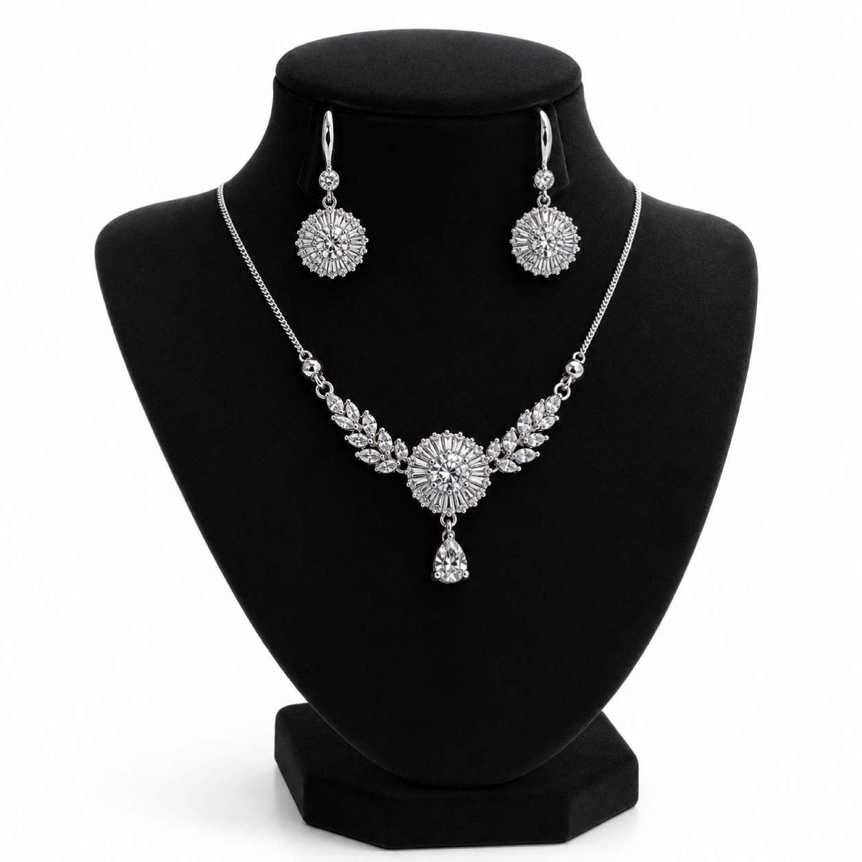 Blush Pink Gold Sunflower Baguette Zirconia Necklace and Earring Set - pink centre stone with gold-tone chain