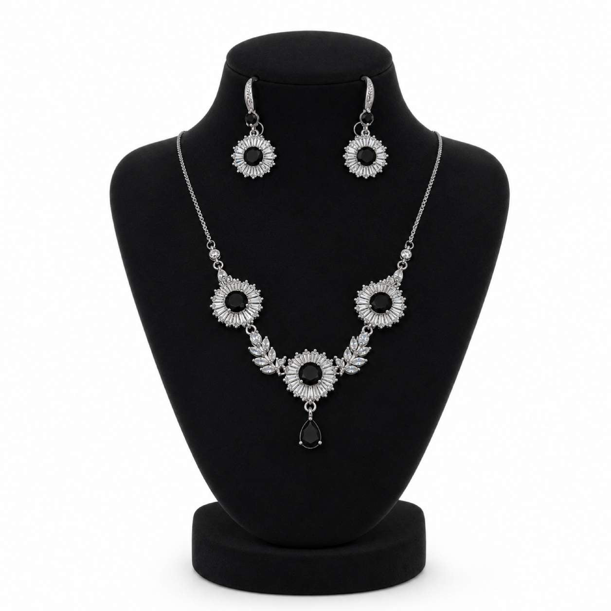 All Clear Silver Sunflower Baguette Zirconia Necklace and Earring Set - clear CZ centre stone with silver-tone chain