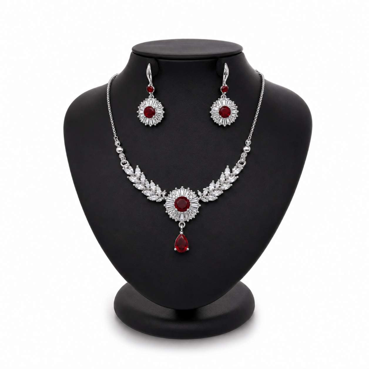 Jet Black Silver Sunflower Baguette Zirconia Necklace and Earring Set - black centre stone with silver-tone chain