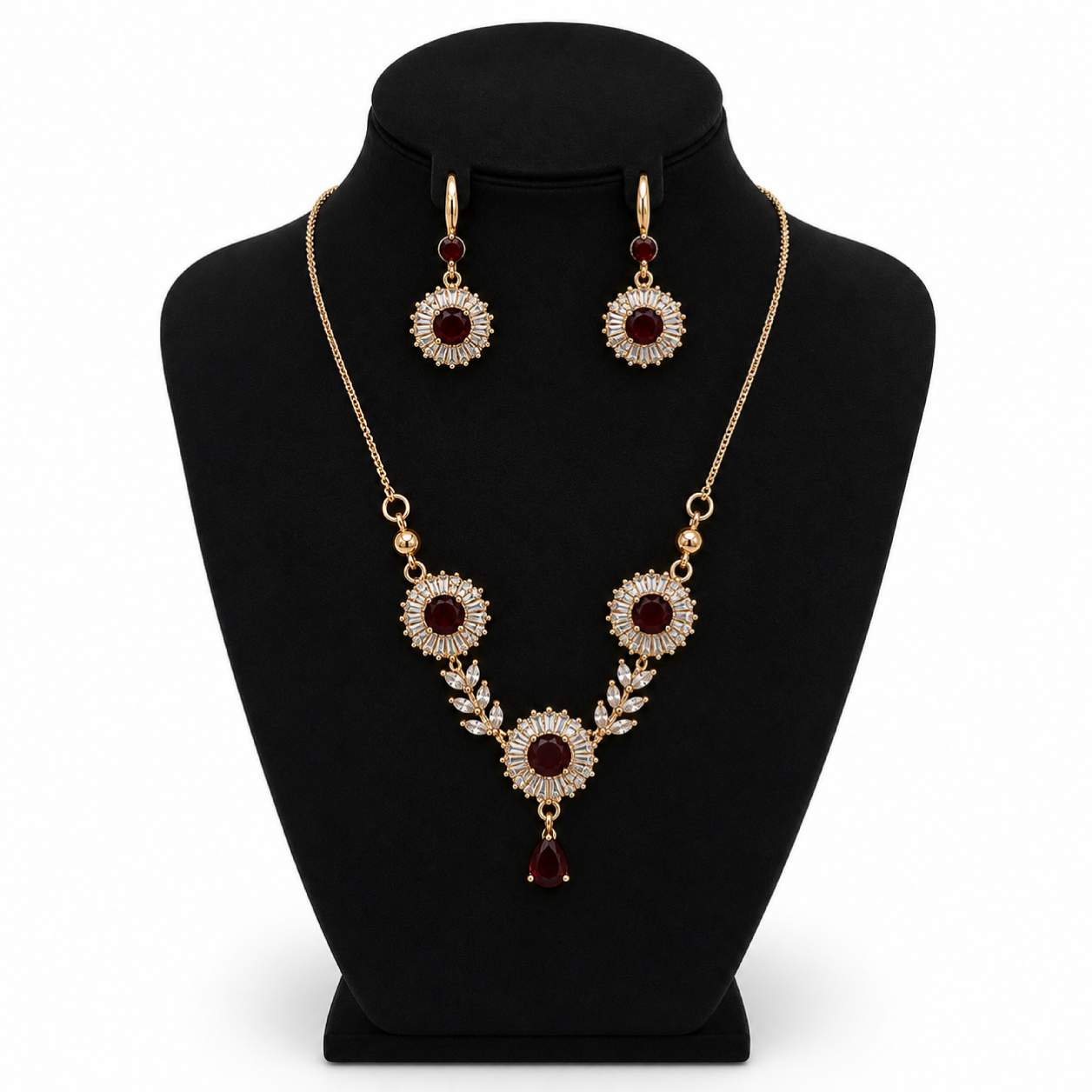 Champagne Rose Gold Sunflower Baguette Zirconia Necklace and Earring Set - champagne centre stone with rose gold-tone chain