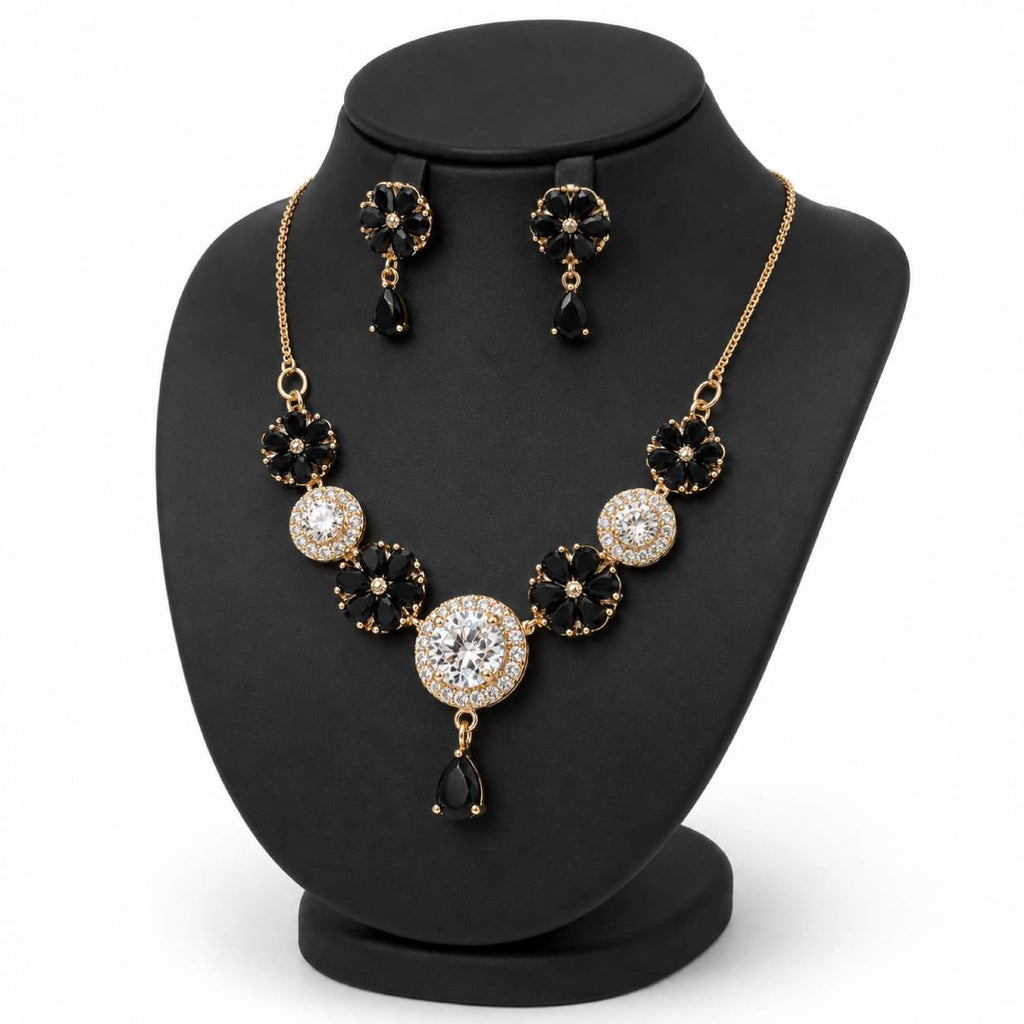 Jet Black Gold Floral CZ Solitaire Necklace and Earring Set - black marquise flower petals with yellow gold halo chain