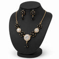 Jet Black Gold Floral CZ Solitaire Necklace and Earring Set - black marquise flower petals with yellow gold halo chain