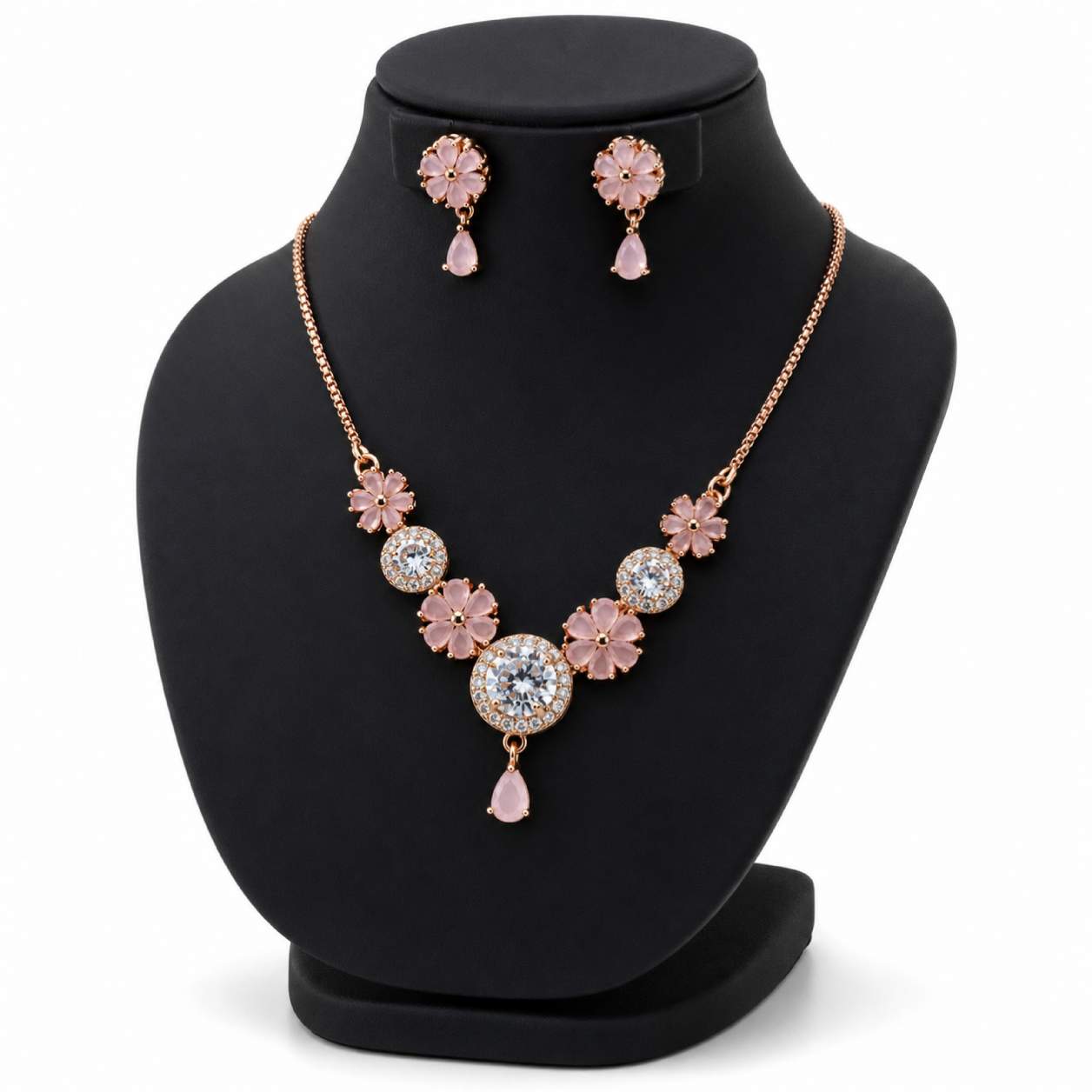 Emerald Green Gold Floral CZ Solitaire Necklace and Earring Set - emerald green gemstone flower petals with yellow gold chain