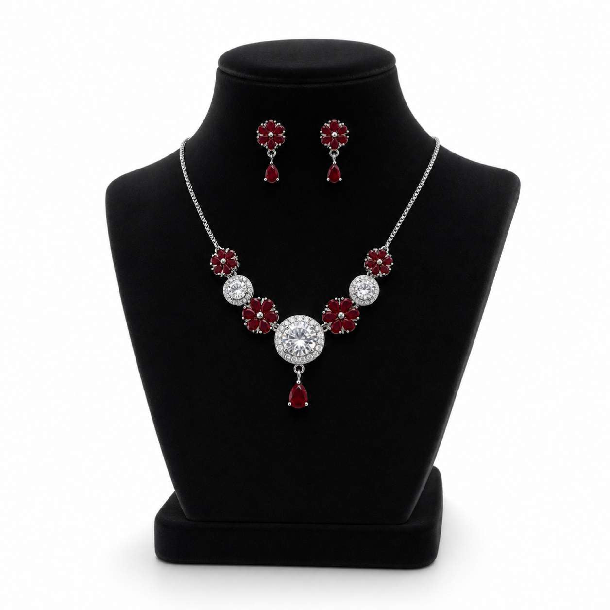 Blush Pink Rose Gold Floral CZ Solitaire Necklace and Earring Set - pink oval cabochon flower petals with rose gold chain