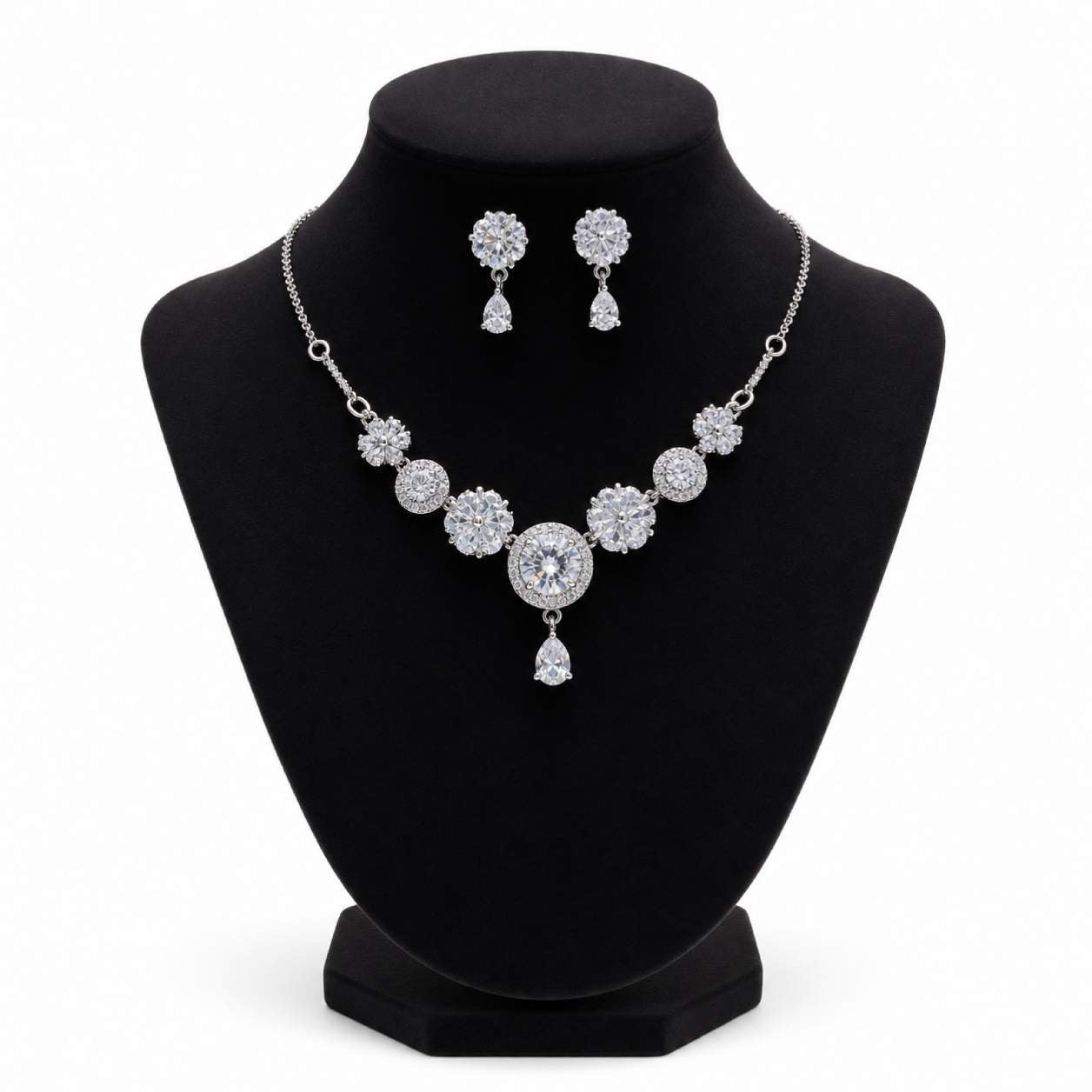 Ruby Red Gold Floral CZ Solitaire Necklace and Earring Set - ruby red marquise flower petals with yellow gold halo chain