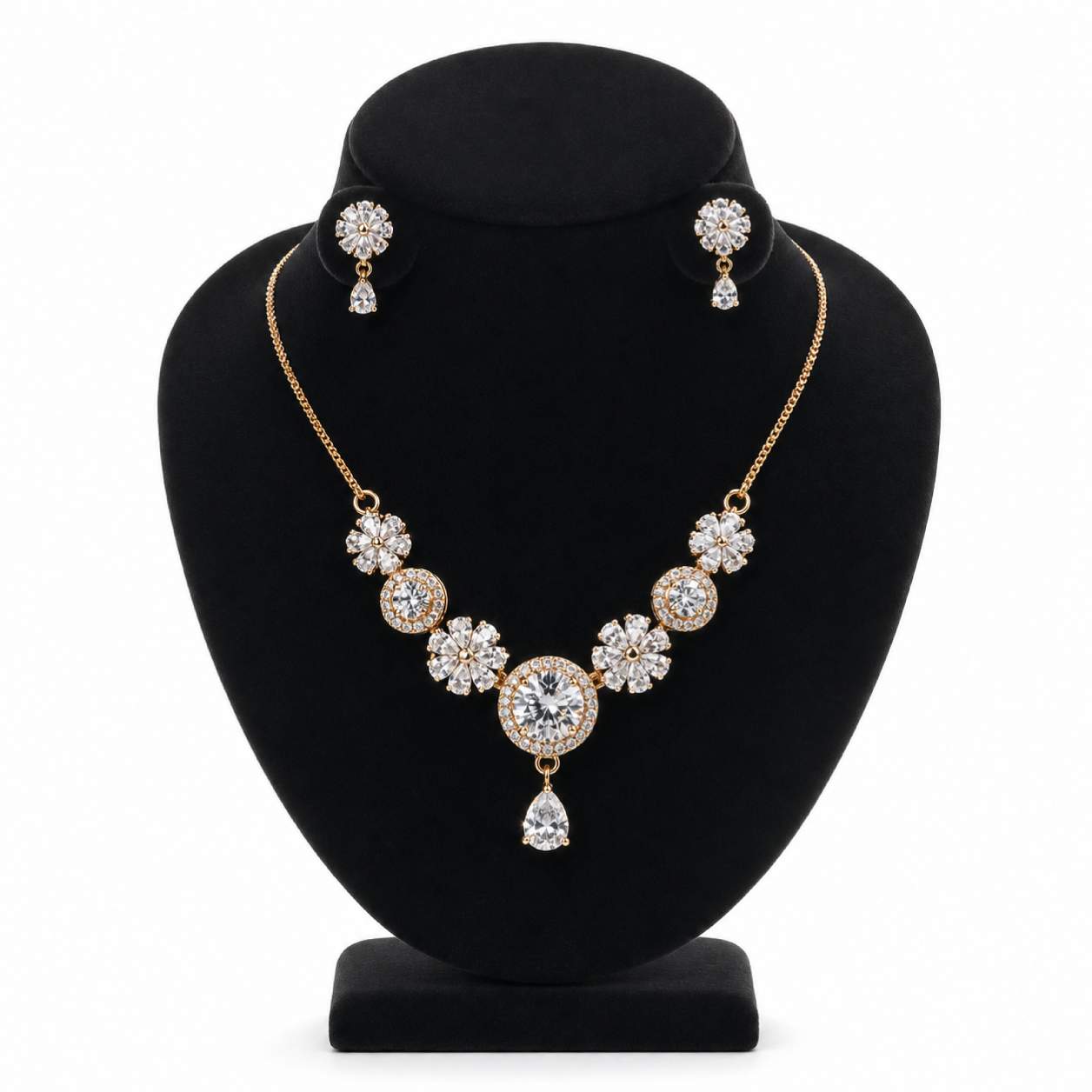 Champagne Gold Floral CZ Solitaire Necklace and Earring Set - champagne golden textured flower petals with yellow gold chain