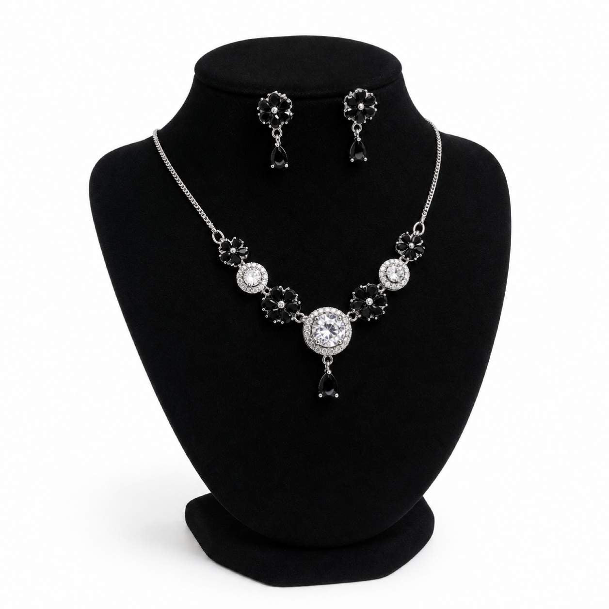 Pearl White Gold Floral CZ Solitaire Necklace and Earring Set - white pearl oval cabochon flower petals with yellow gold chain