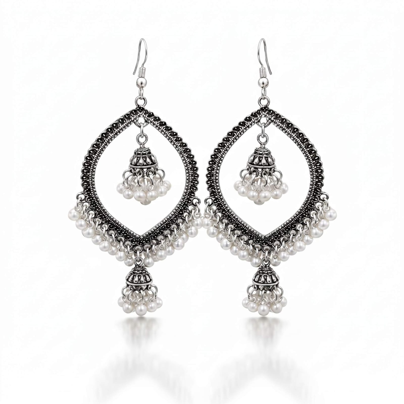 Pearl Jhumka Chandelier Earrings – Gold & Silver