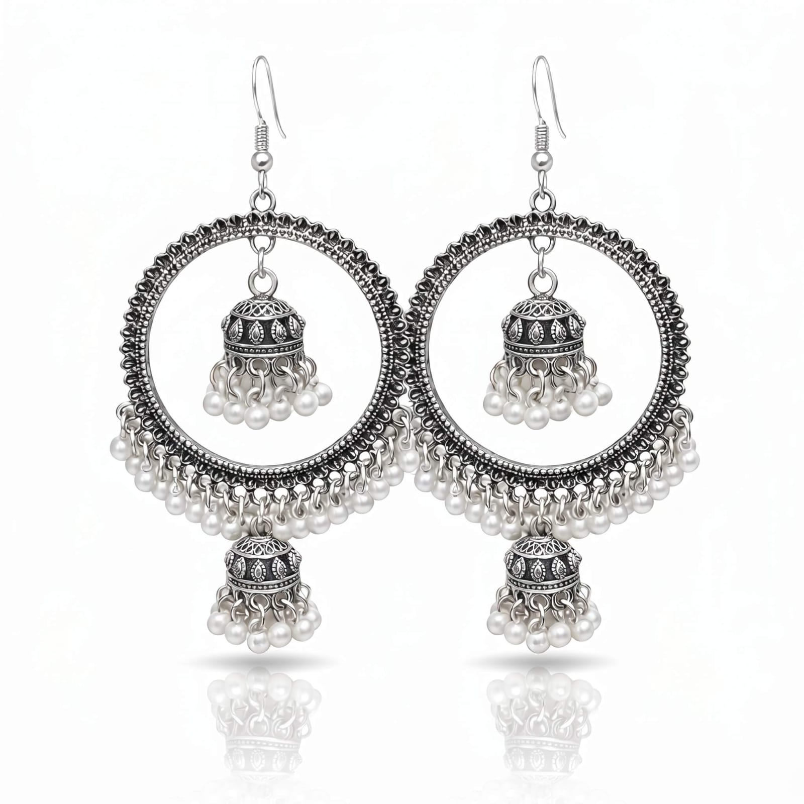Round Hoop Pearl Jhumka Earrings – Gold & Silver