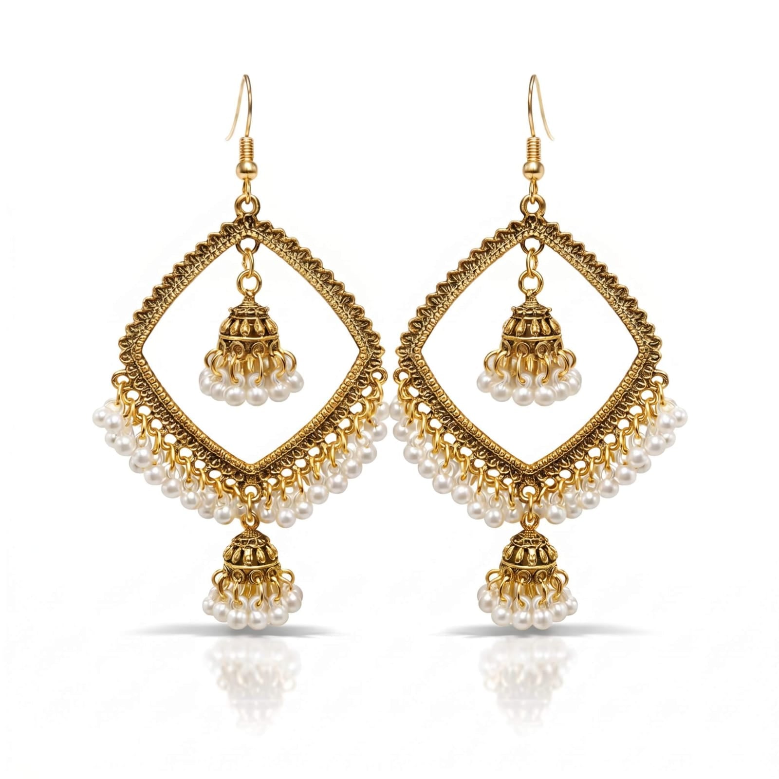 Diamond Frame Pearl Jhumka Earrings – Gold & Silver