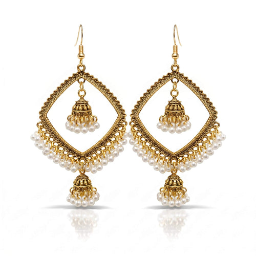 Diamond Frame Pearl Jhumka Earrings – Gold & Silver