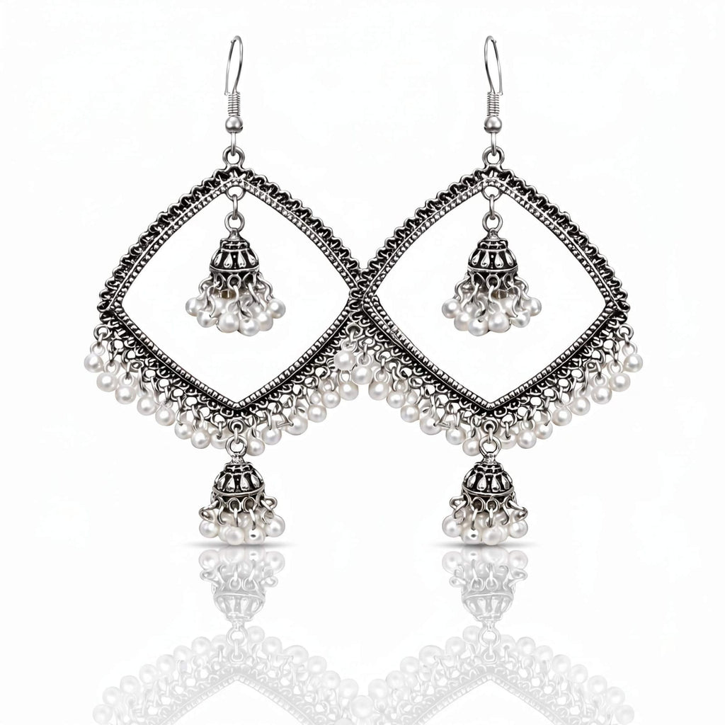 Diamond Frame Pearl Jhumka Earrings – Gold & Silver