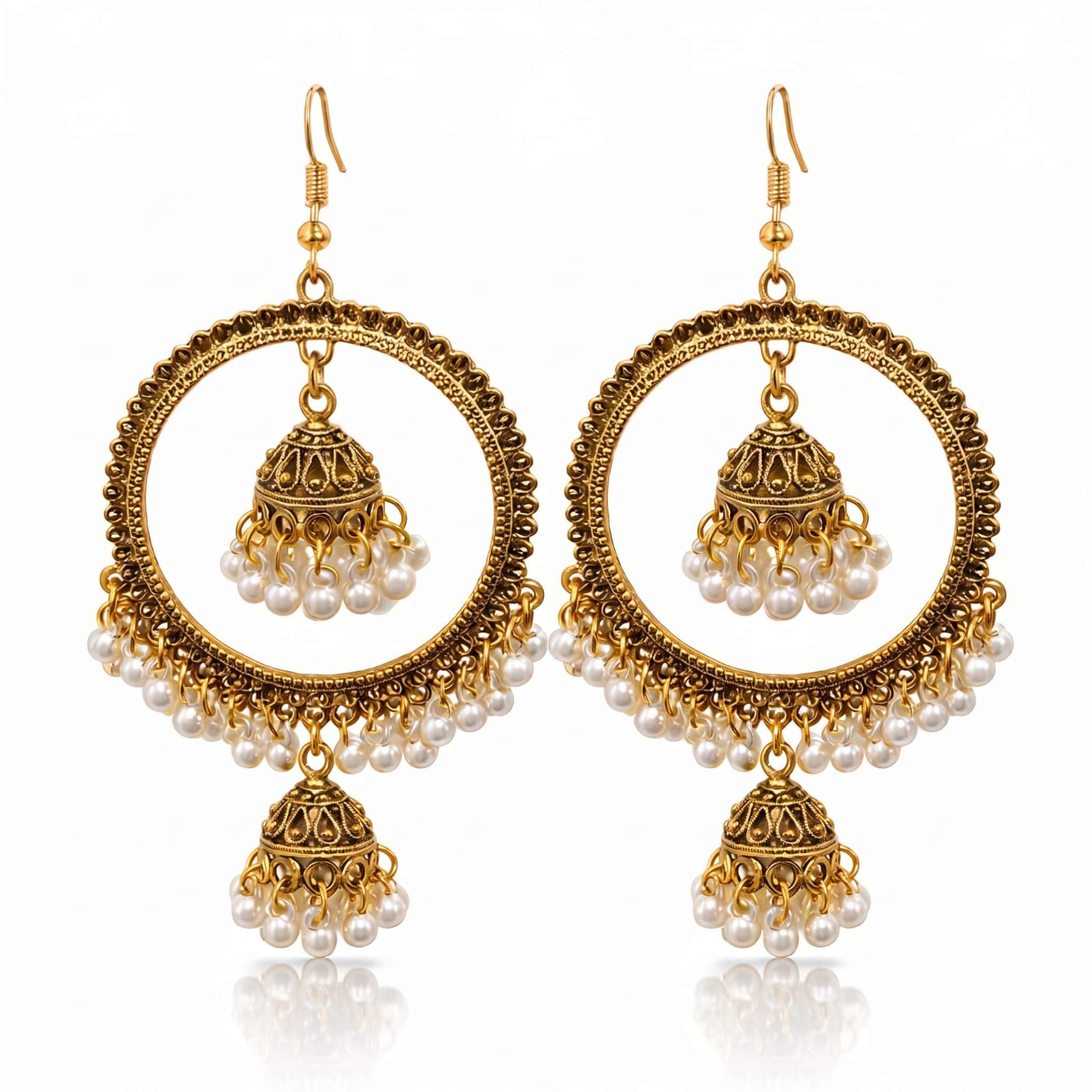 Round Hoop Pearl Jhumka Earrings – Gold & Silver