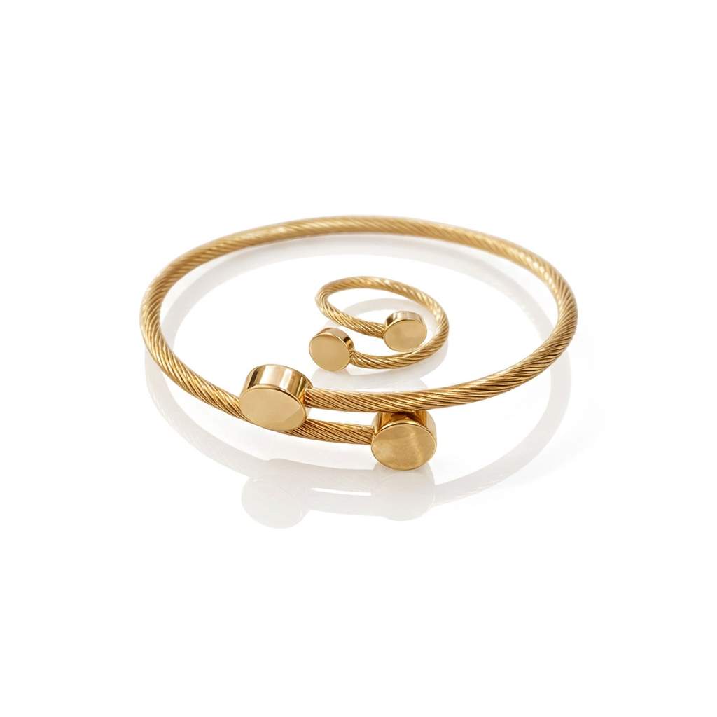 Gold Twisted Cable Bangle & Ring Set – Open Cuff