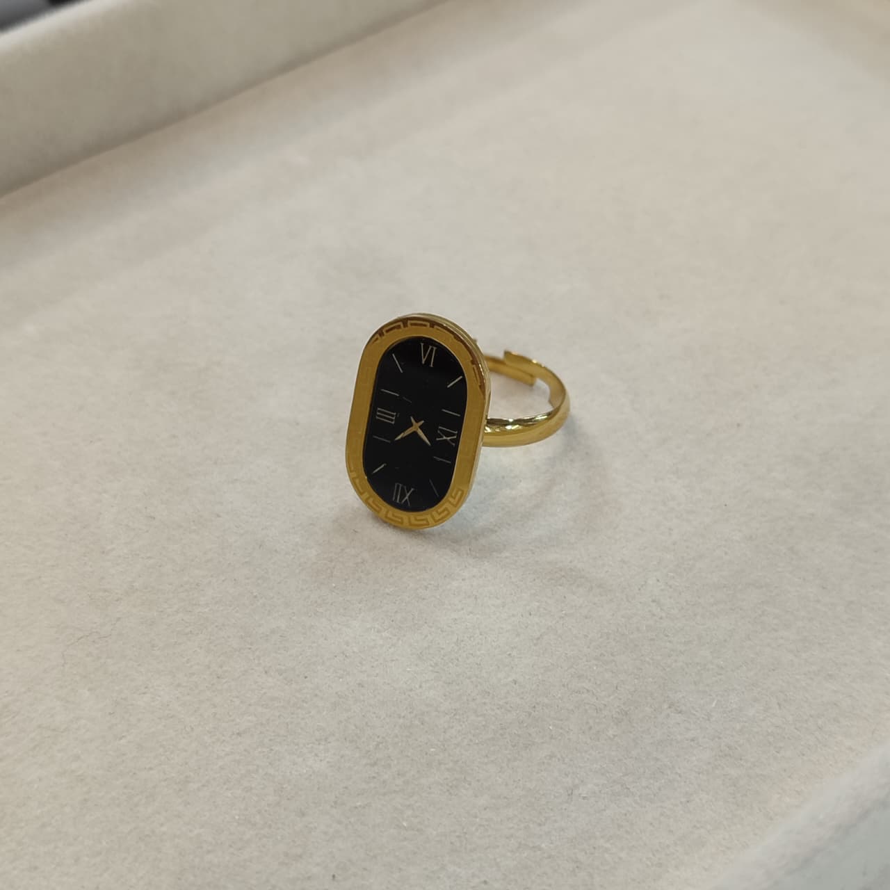 Gold Clock Ring – Black Dial with Roman Numerals
