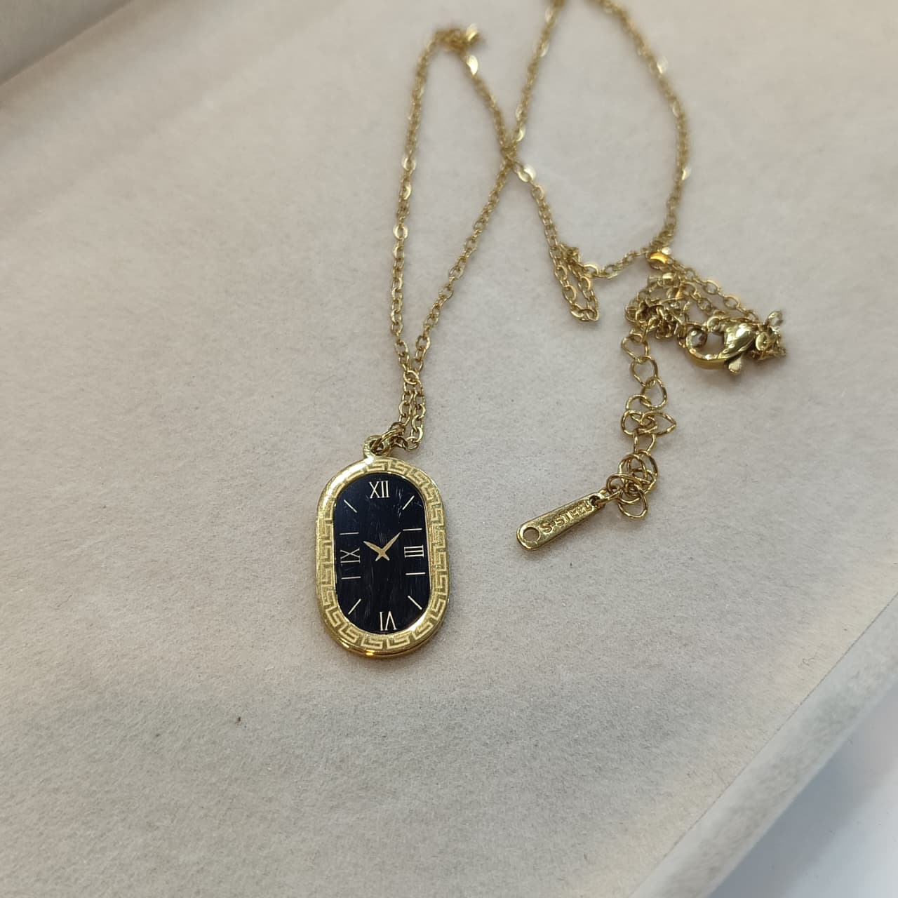 Gold Clock Pendant Necklace – Black Dial with Roman Numerals