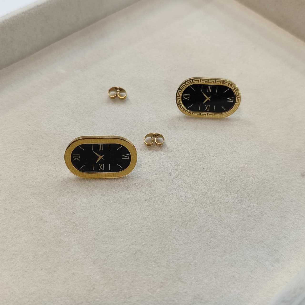 Gold Clock Stud Earrings – Black Dial with Roman Numerals