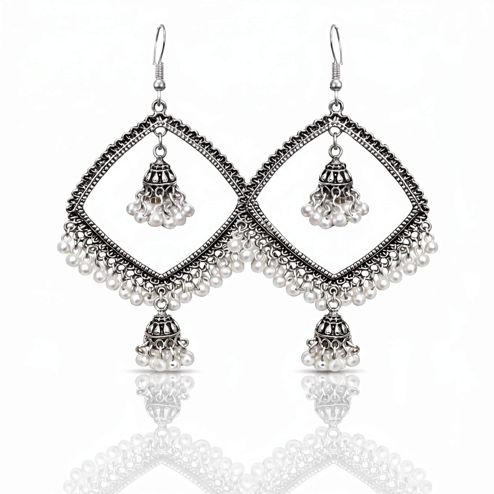 Diamond Frame Pearl Jhumka Earrings – Gold & Silver