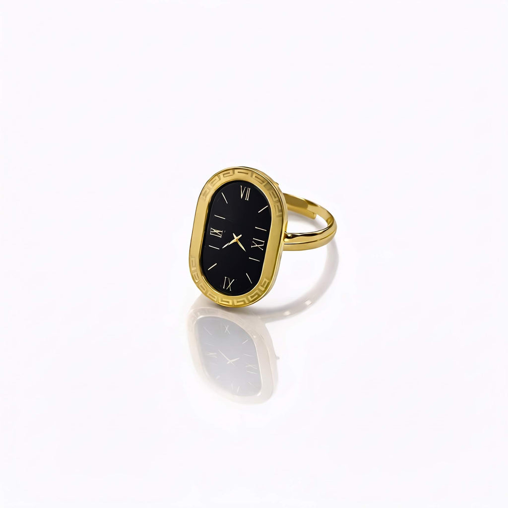Gold Clock Ring – Black Dial with Roman Numerals
