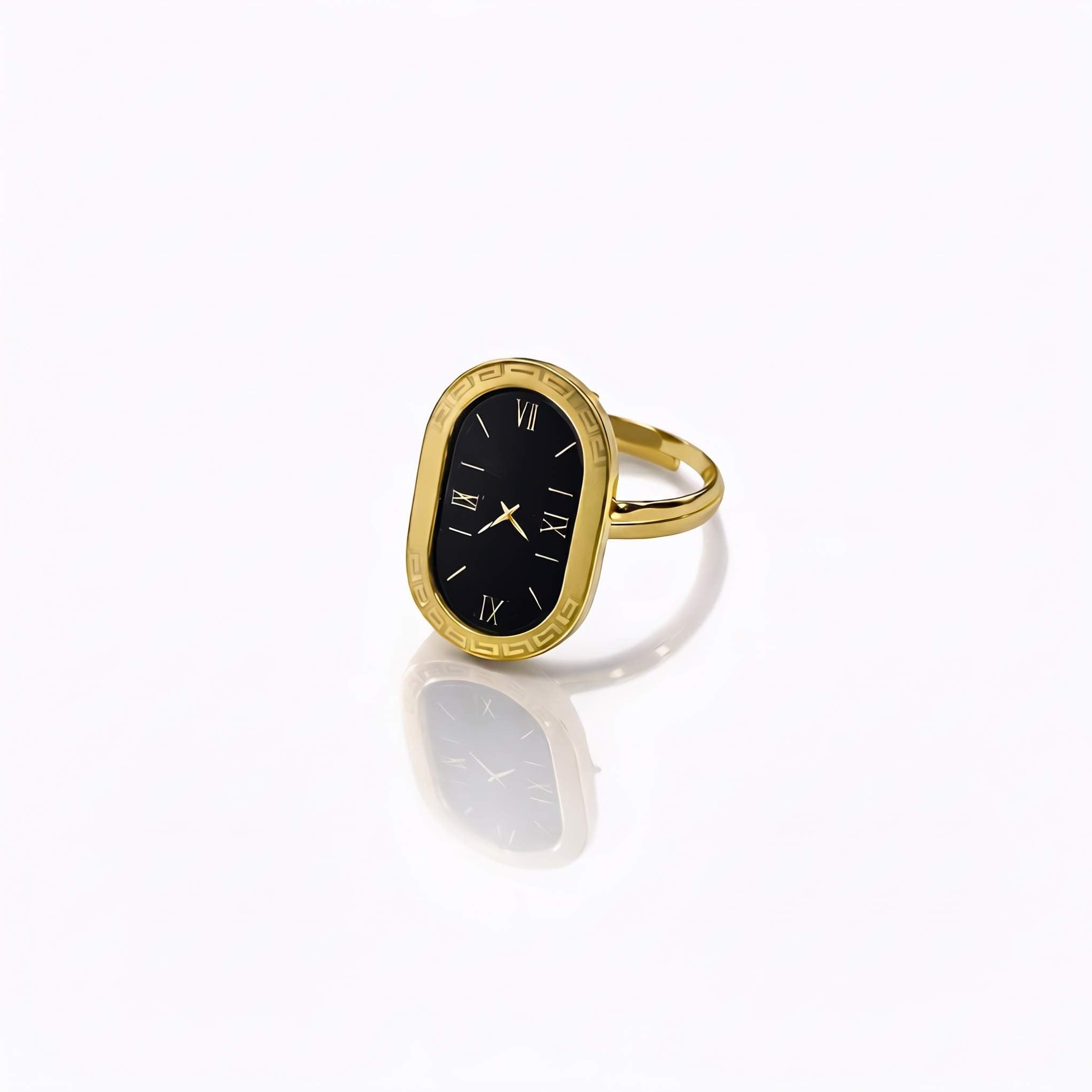 Gold Clock Ring – Black Dial with Roman Numerals