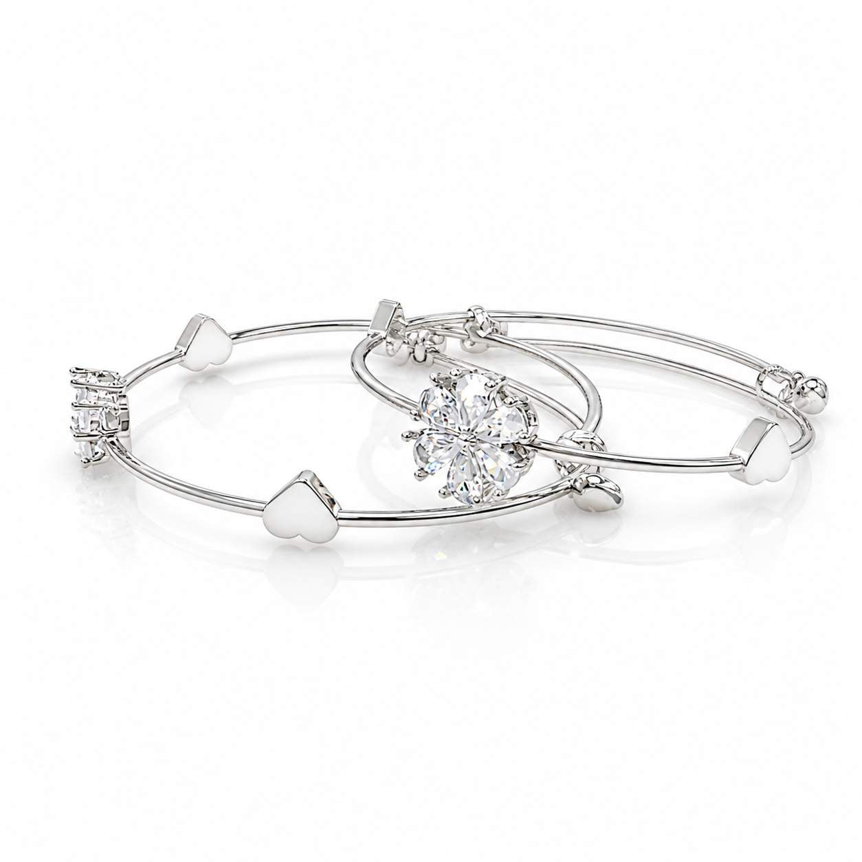 Silver Crystal Clover & Heart Charm Bangle