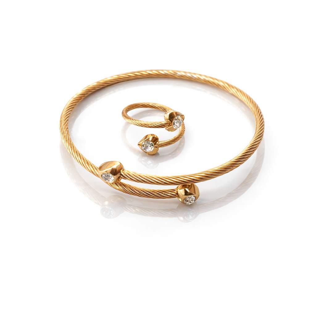 Gold Twisted Cable Diamond-Cut Ball Crystal Bangle & Ring Set
