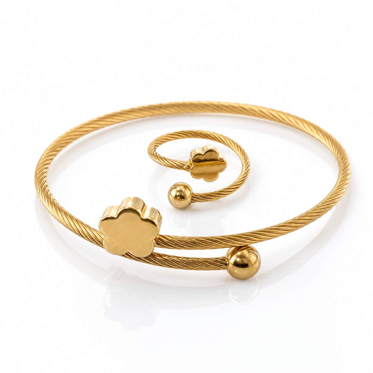 Gold Twisted Cable Clover & Ball-End Bangle & Ring Set