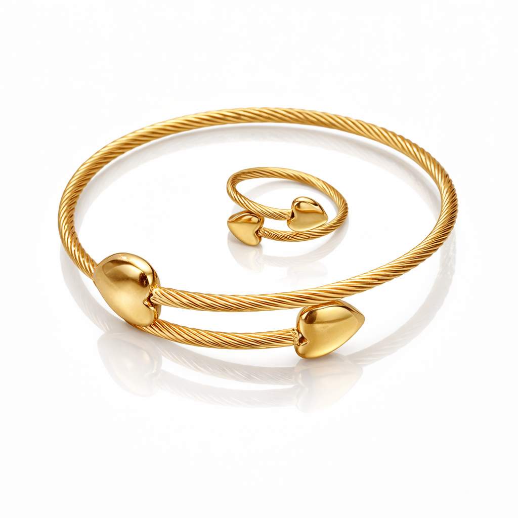 Gold Twisted Cable Heart-End Bangle & Ring Set
