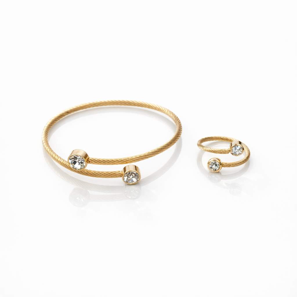 Gold Twisted Cable Bezel Crystal Bangle & Ring Set