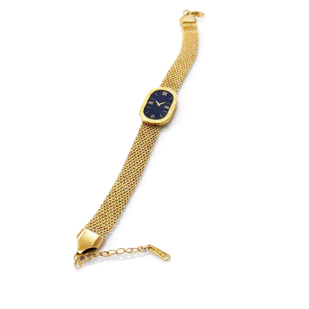 Gold Mesh Bracelet Watch – Black Dial with Roman Numerals