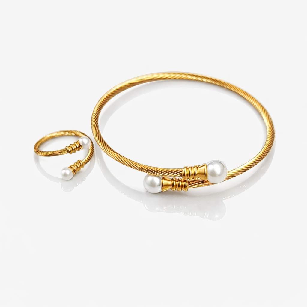 Gold Twisted Cable Pearl Bangle & Ring Set
