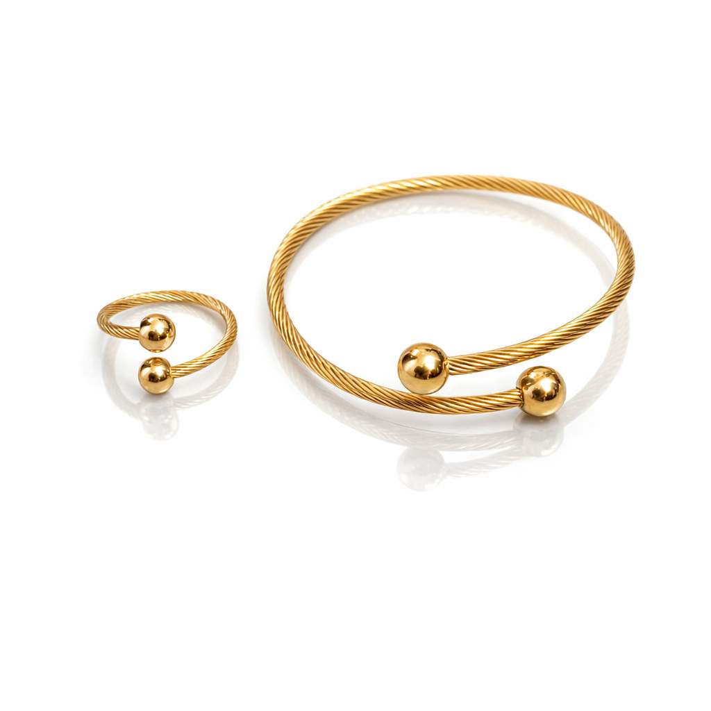 Gold Twisted Cable Ball-End Bangle & Ring Set