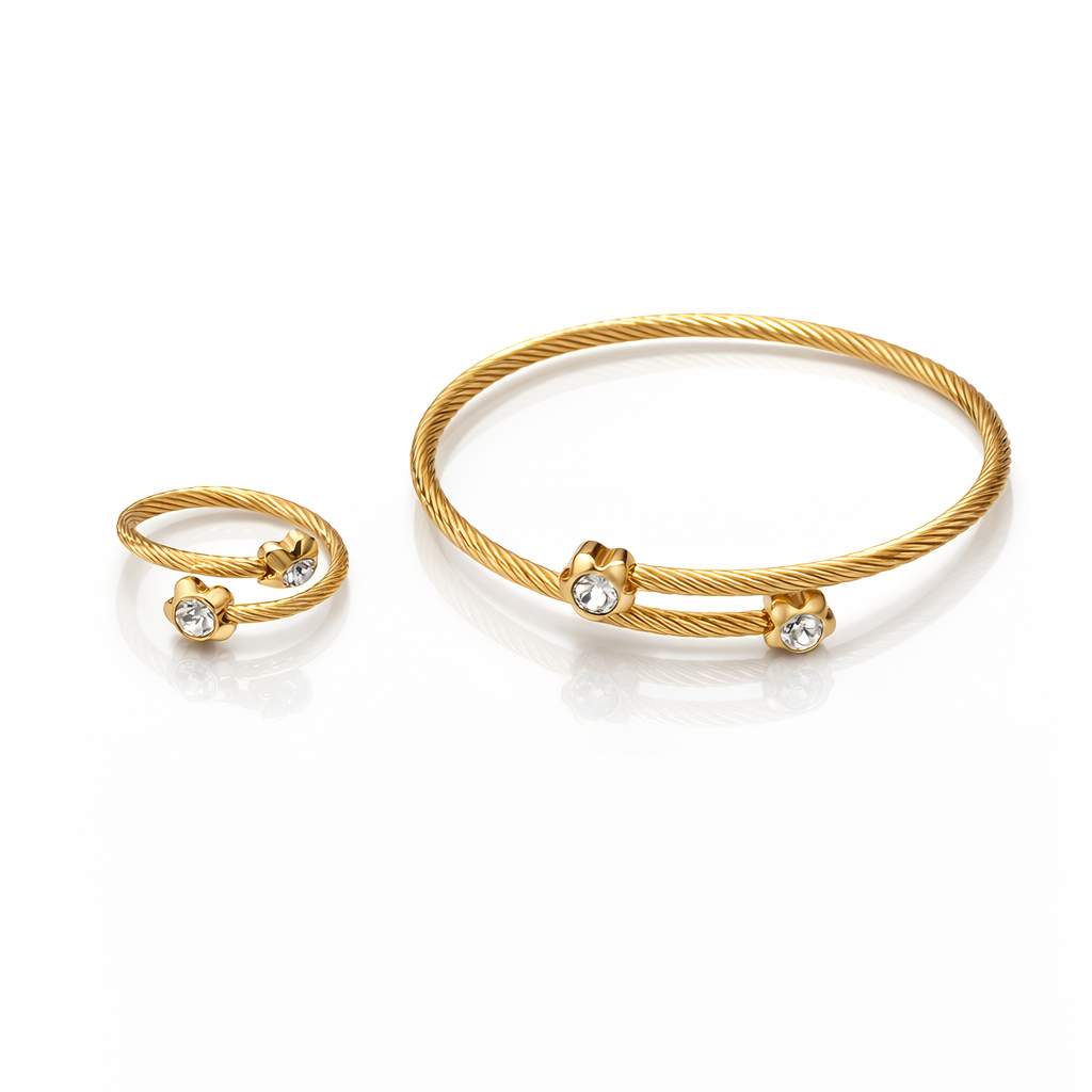 Gold Twisted Cable Crystal Bangle & Ring Set
