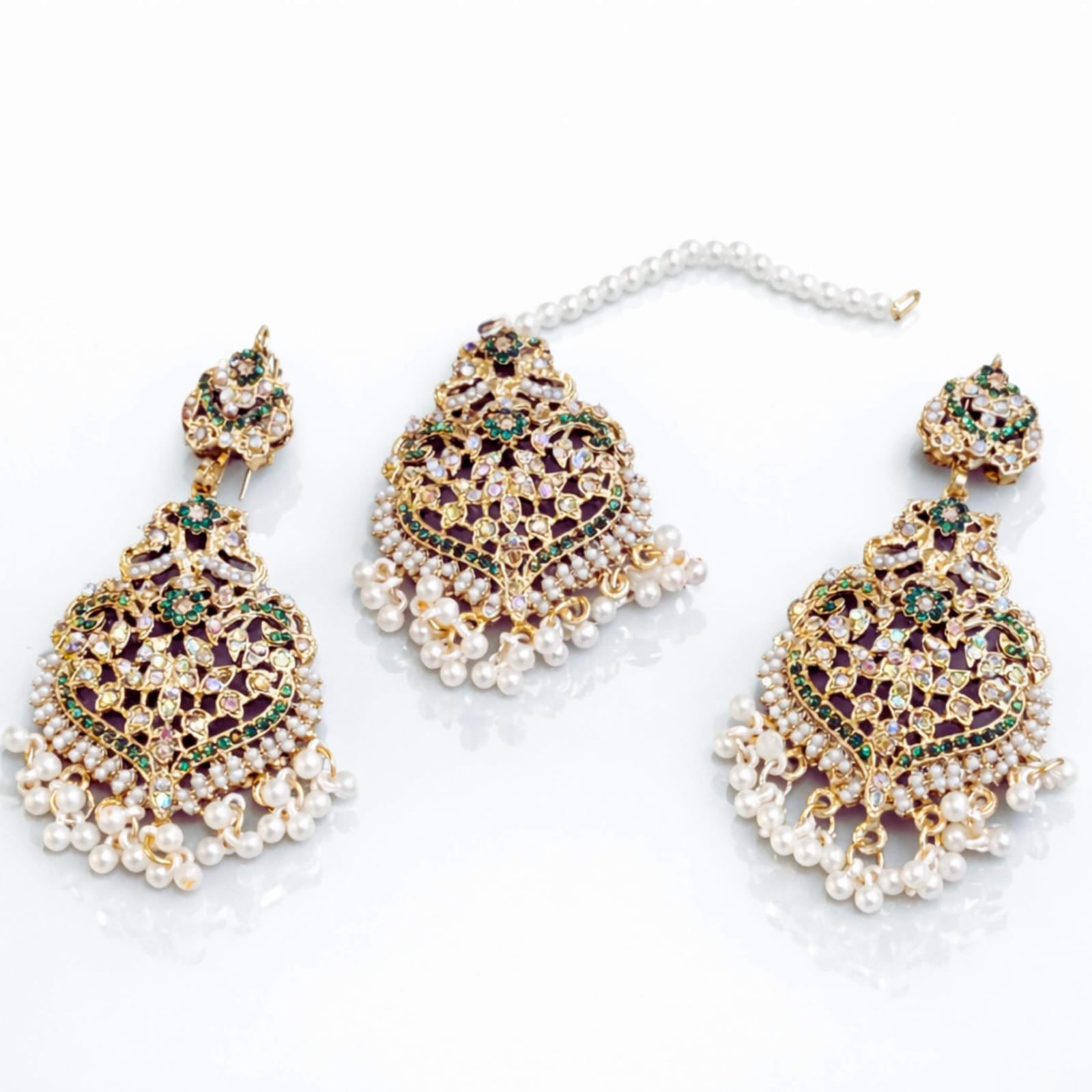 Mughal Chandbali Crystal & Pearl Earring & Maang Tikka Set – Multiple Colours