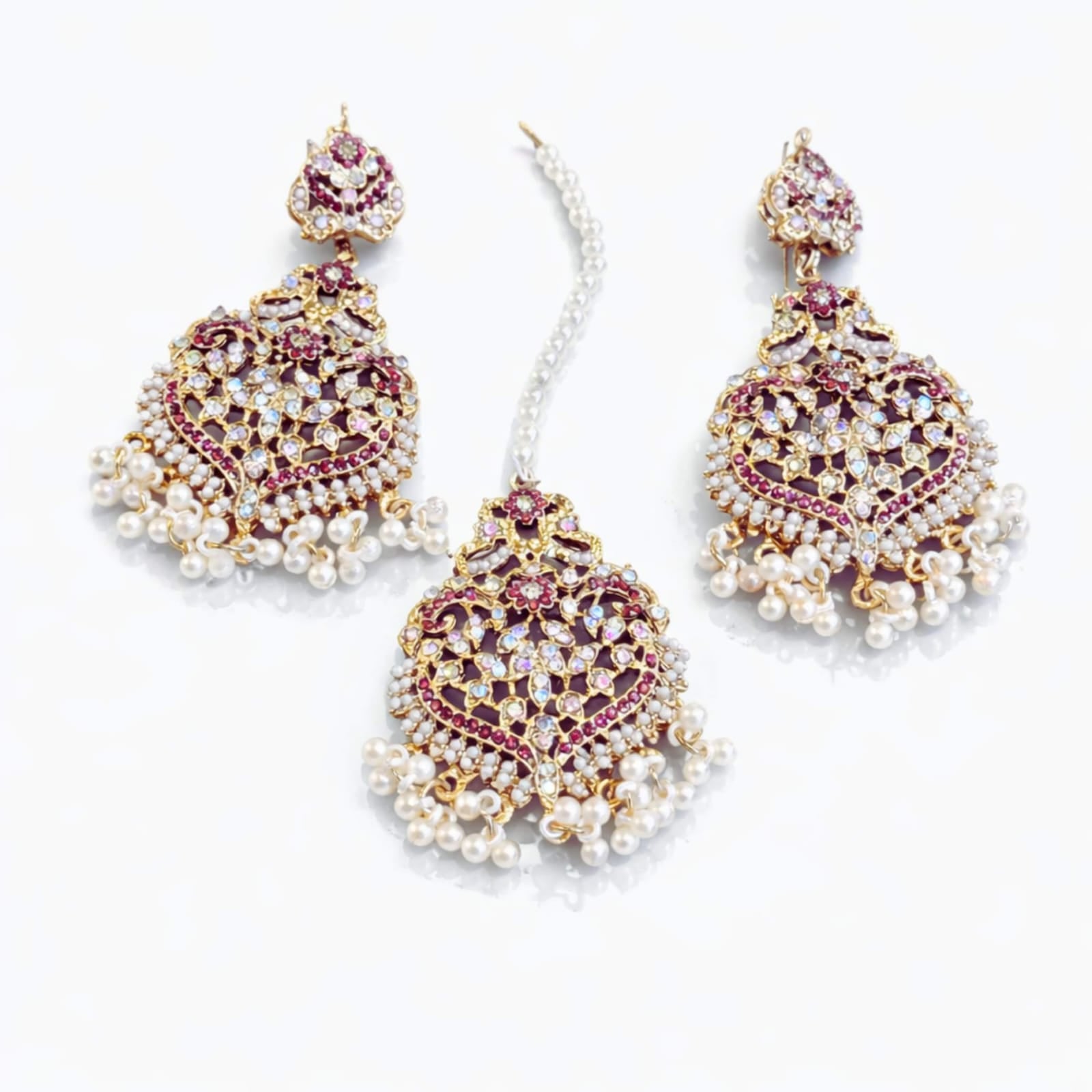 Mughal Chandbali Crystal & Pearl Earring & Maang Tikka Set – Multiple Colours