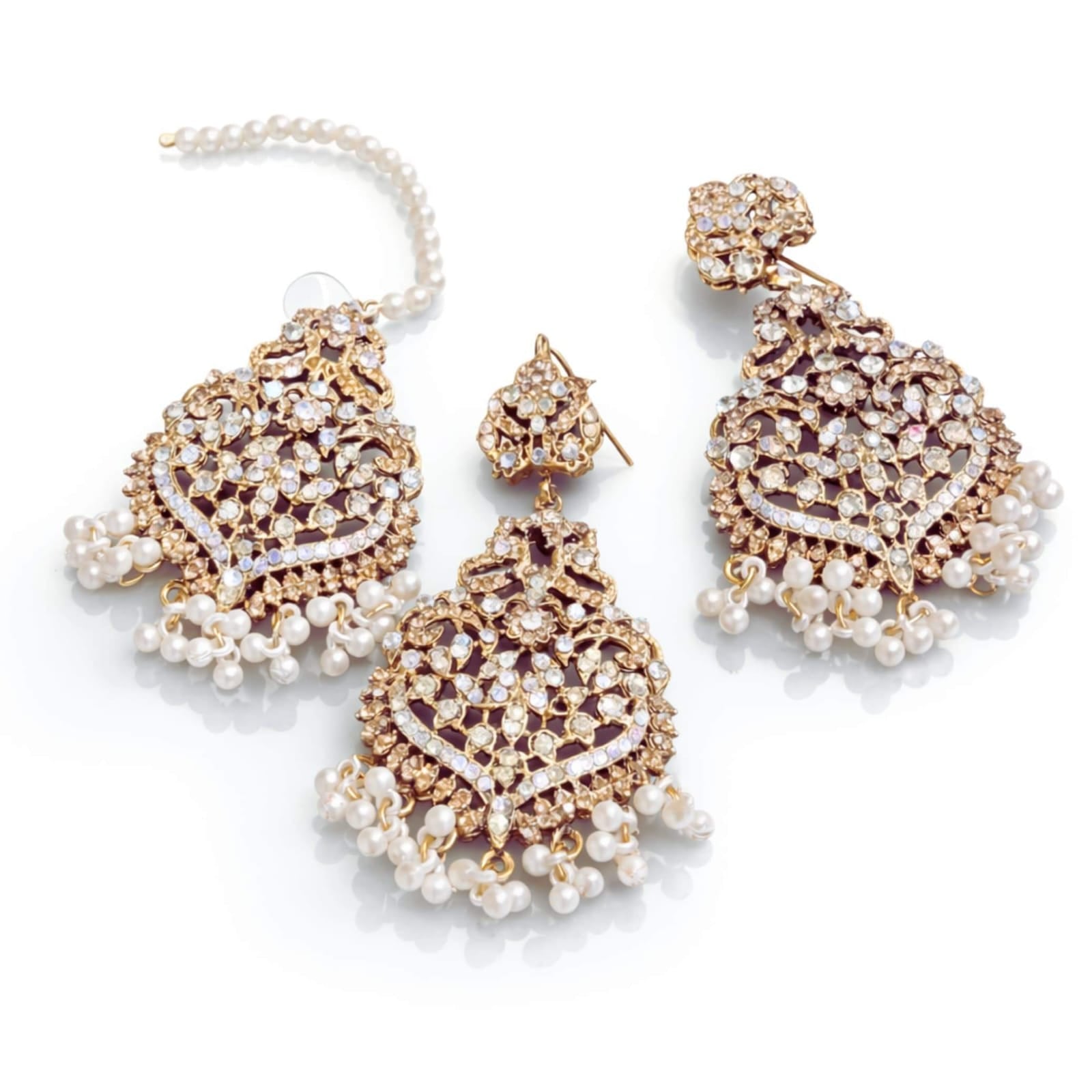Mughal Chandbali Crystal & Pearl Earring & Maang Tikka Set – Multiple Colours