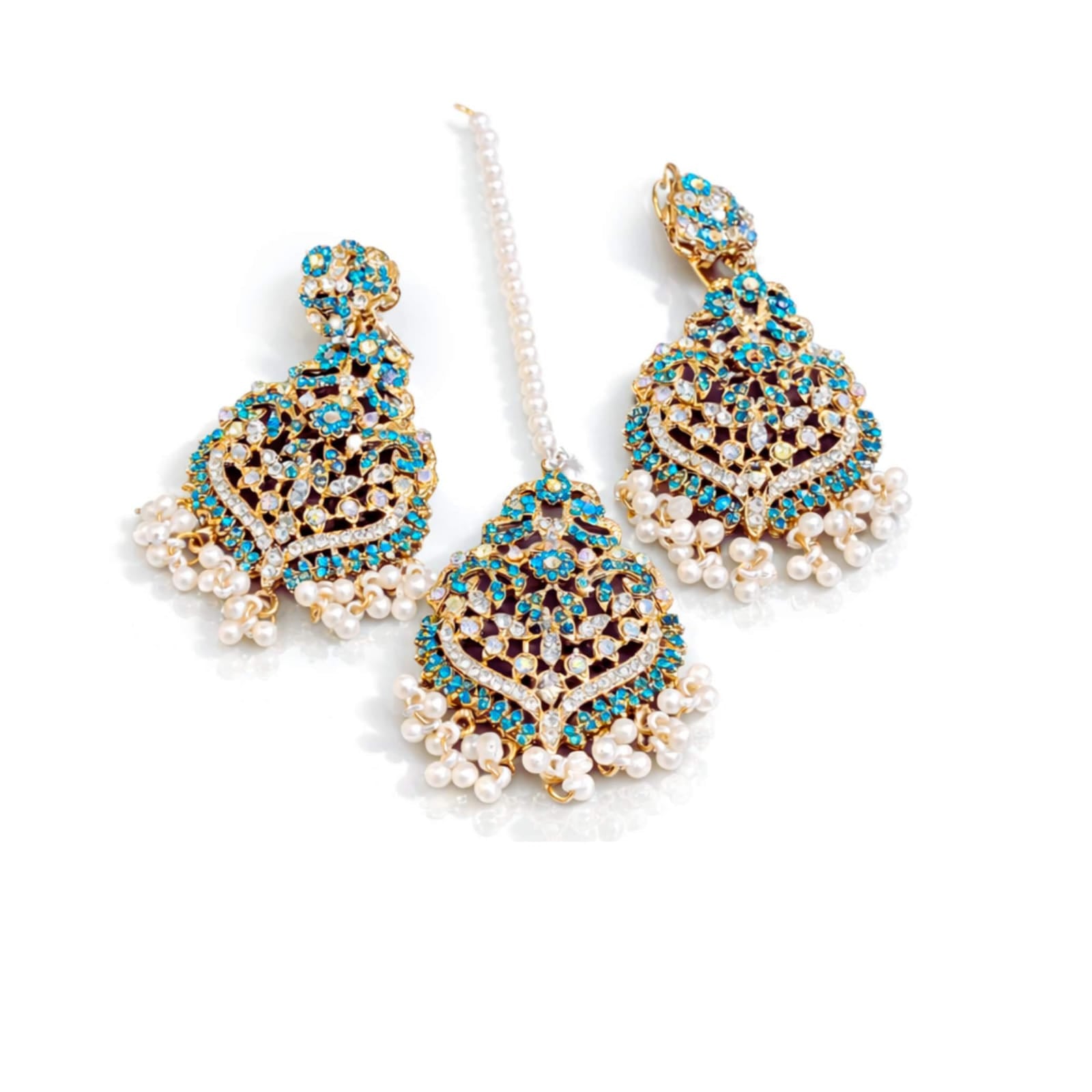 Mughal Chandbali Crystal & Pearl Earring & Maang Tikka Set – Multiple Colours