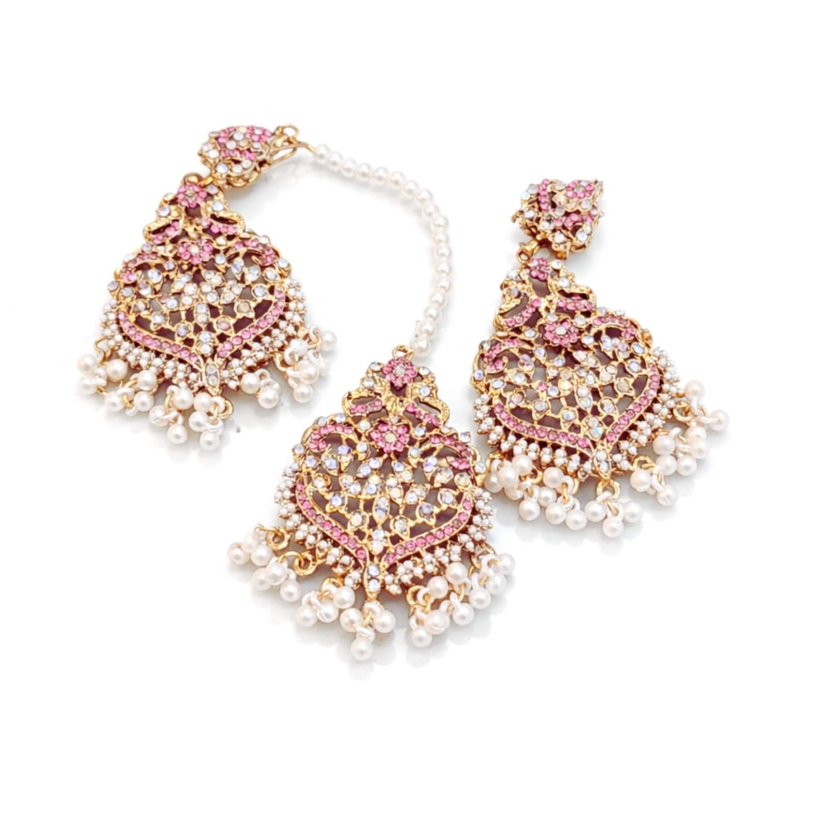 Mughal Chandbali Crystal & Pearl Earring & Maang Tikka Set – Multiple Colours