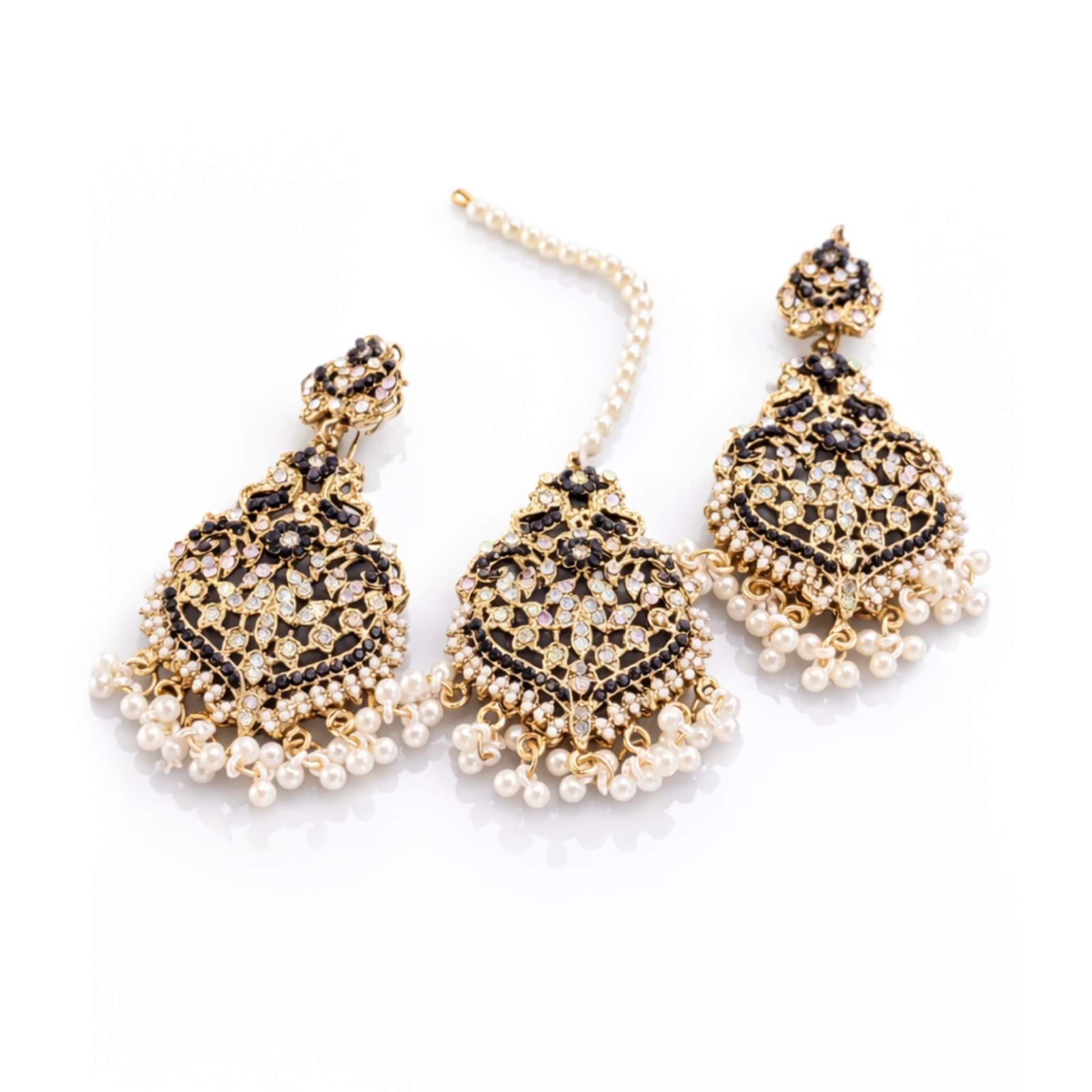 Mughal Chandbali Crystal & Pearl Earring & Maang Tikka Set – Multiple Colours