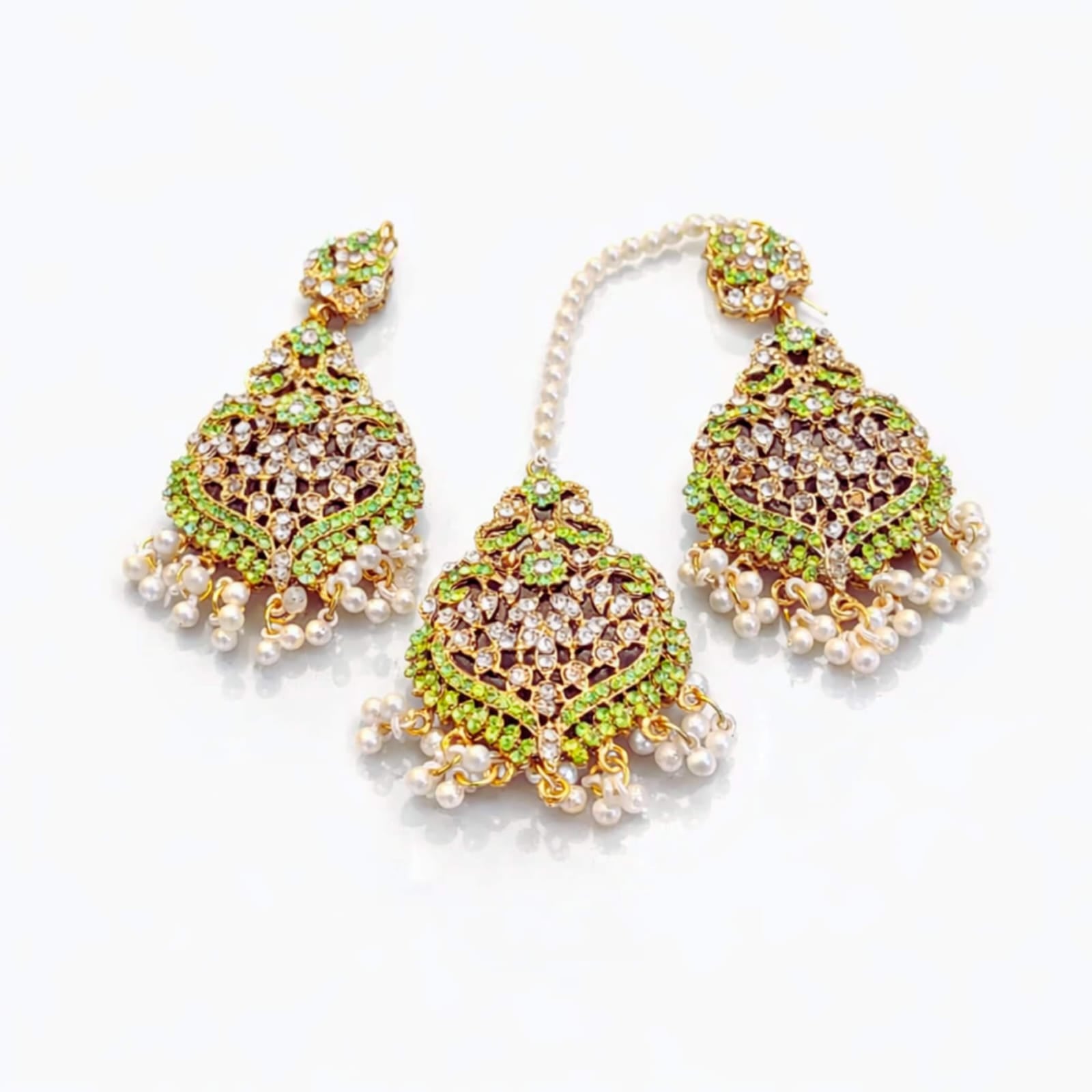 Mughal Chandbali Crystal & Pearl Earring & Maang Tikka Set – Multiple Colours