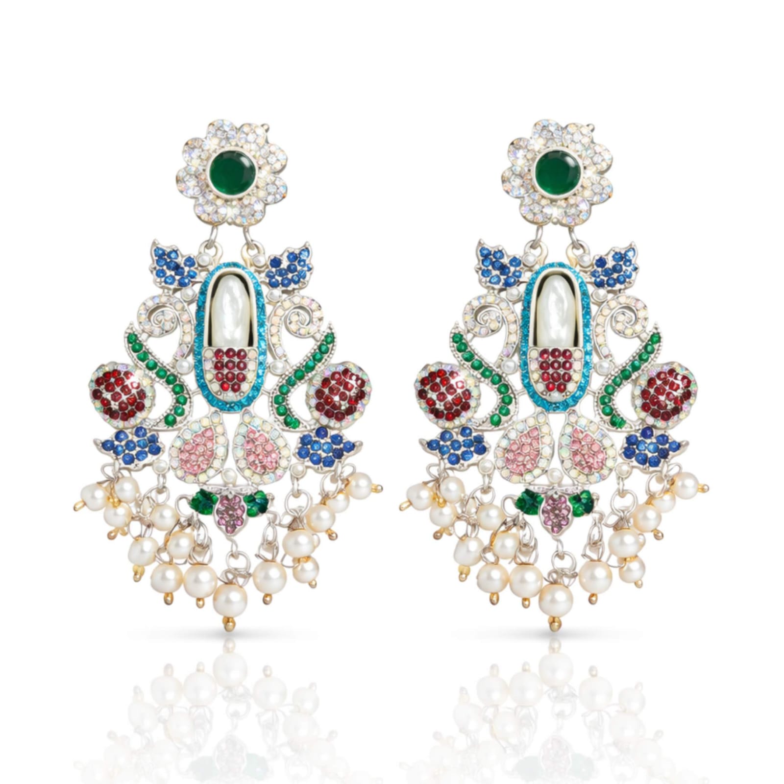 Mughal Garden Multicolour Crystal & Pearl Chandelier Earrings