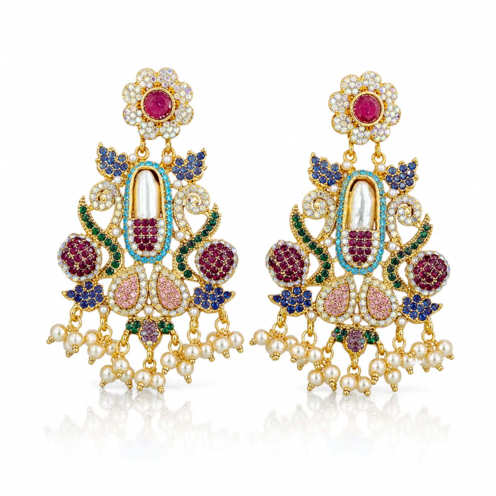 Mughal Garden Multicolour Crystal & Pearl Chandelier Earrings