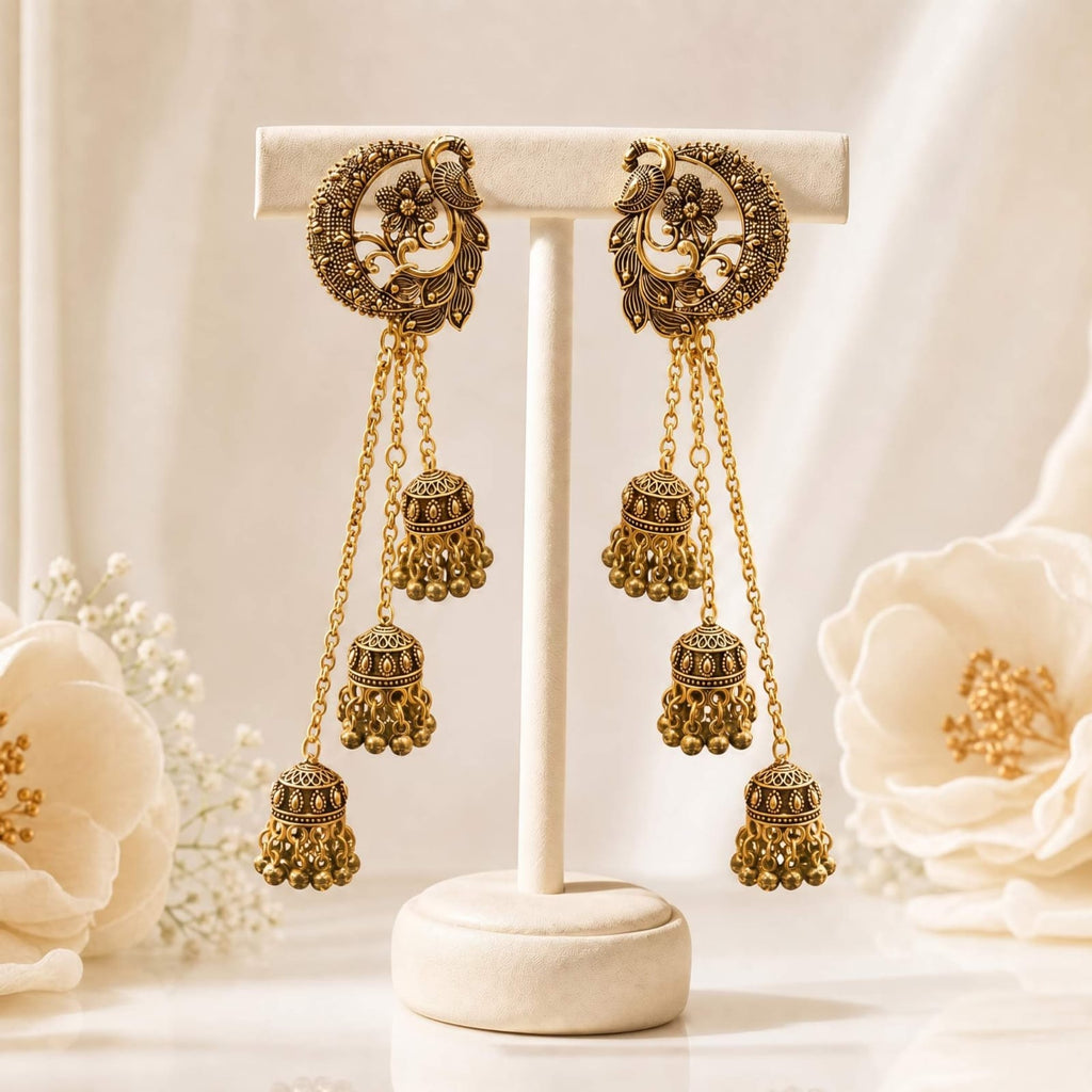 Peacock Chand Bali Multi-Jhumka Cascade Earrings – Gold & Silver