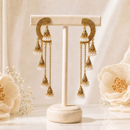 Chand Bali Multi-Jhumka Cascade Earrings – Silver & Gold