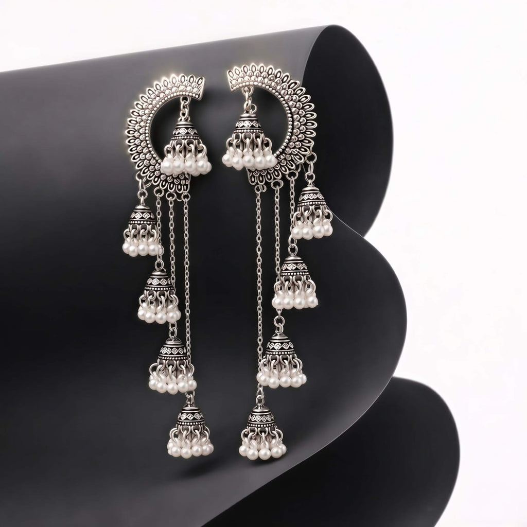 Chand Bali Multi-Jhumka Cascade Earrings – Silver & Gold