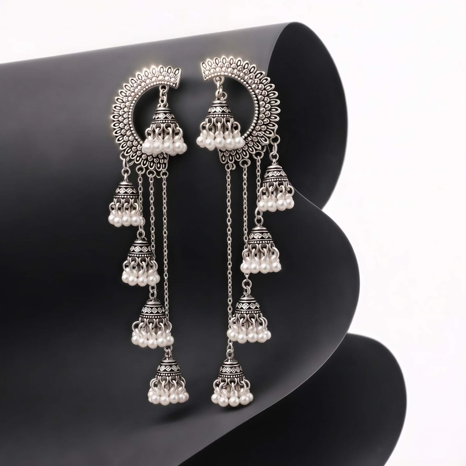 Chand Bali Multi-Jhumka Cascade Earrings – Silver & Gold